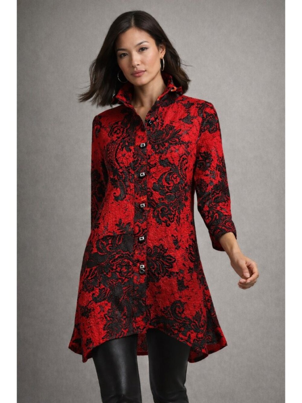 Ali Miles Red Black Tunic Top S Textured Button Front Statement Collar